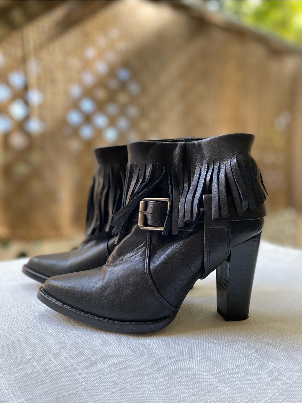 Zara Black Fringe Leather Ankle Boots with Buckle - Women